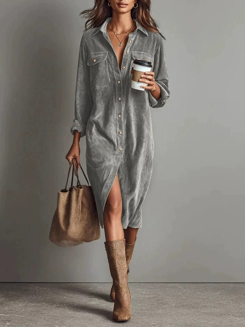 Turn-Down Collar Buttons Chic Casual Dress