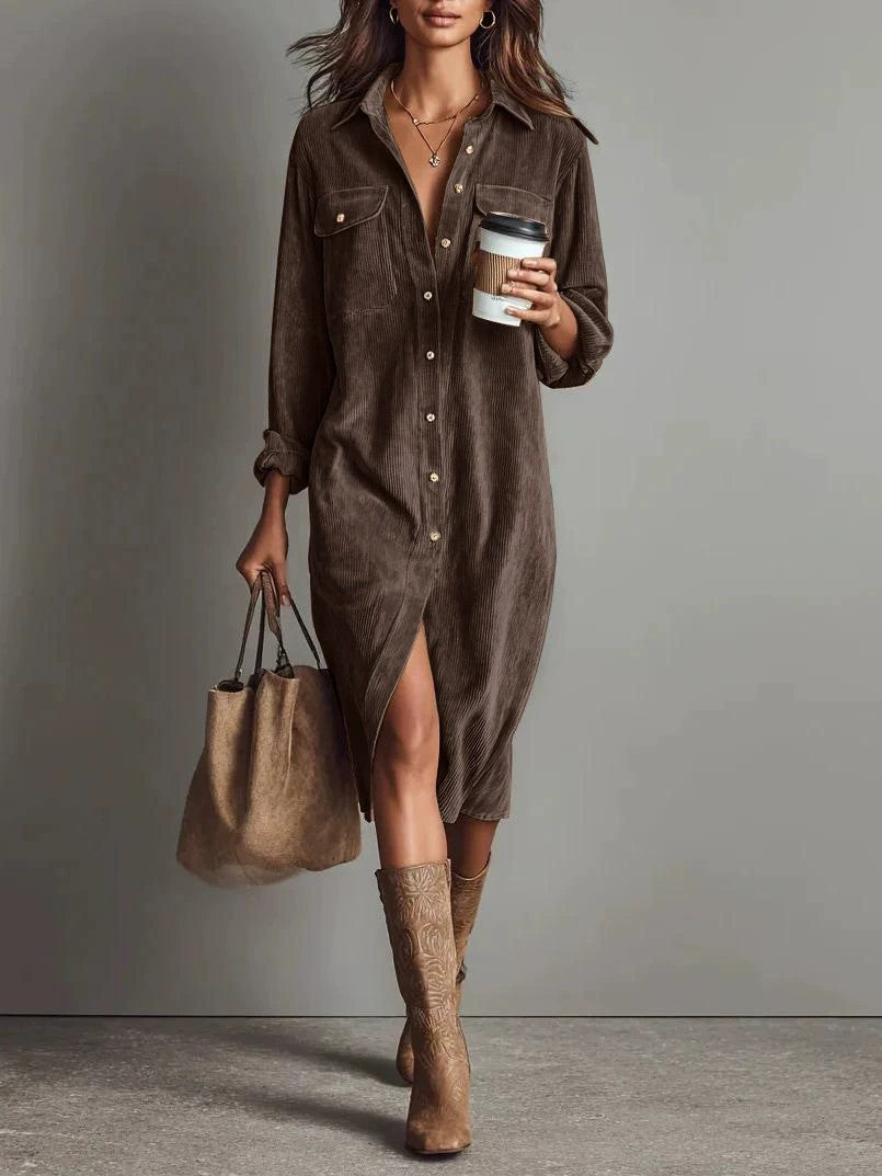 Turn-Down Collar Buttons Chic Casual Dress