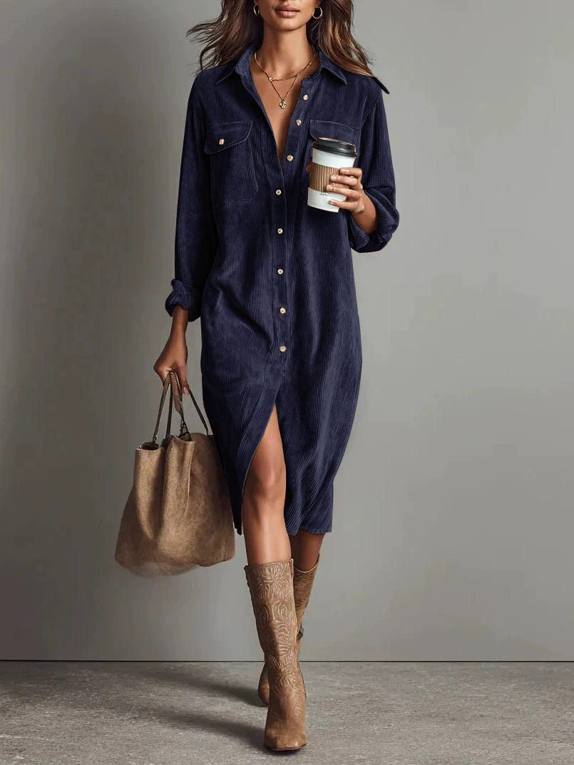 Turn-Down Collar Buttons Chic Casual Dress
